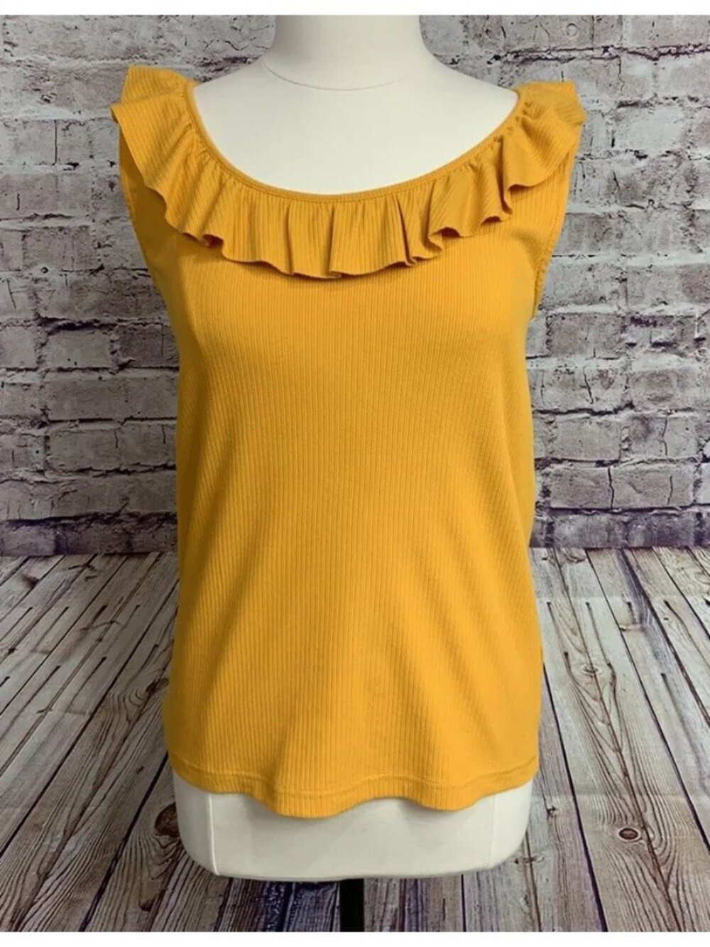 J. Crew Yellow Ribbed Ruffle Neck Sleeveless Tank Top - Picture 1 of 8